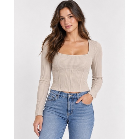 miami Tops - Mi Ami Francesca's Ribbed Square Neck Long Sleeve Top Taupe WT